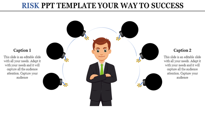Risk PPT template featuring a businessperson surrounded by six lit bombs arranged in a semicircle.