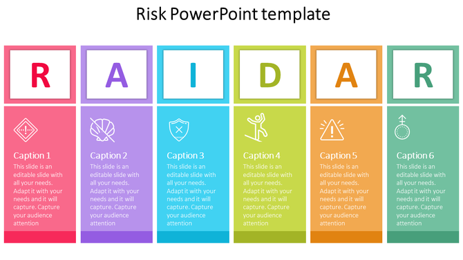 Six colorful vertical columns with gradient backgrounds, each containing a letter and an icon, forming the word RAIDAR.