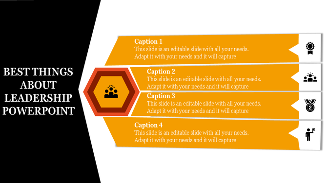 Horizontal leadership template with four captions in orange bars, each ending with unique leadership-related icons.