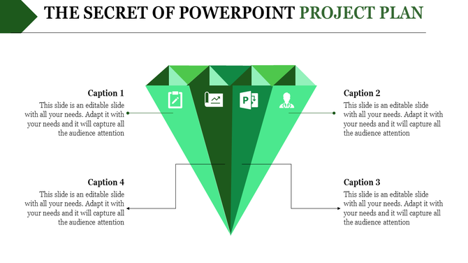 Project plan template featuring a central green diamond divided into sections, with caption areas aligned around it.