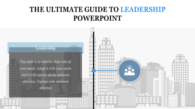 Leadership infographic featuring a cityscape background, a central vertical line, and a circular icon with a group silhouette.