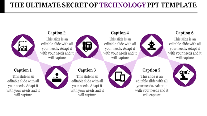 Purple-themed infographic highlighting six technology milestones with circular icons and descriptive captions.