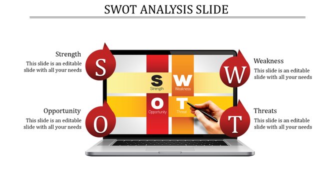 SWOT analysis slide featuring a laptop with sections labeled Strength, Weakness, Opportunity, and Threat with text area.