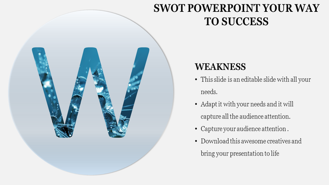 SWOT PPT slide with a large letter W representing Weakness, featuring a water themed background and a strong figure icon.