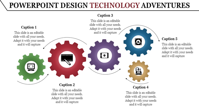 PowerPoint design template featuring five gears, each with different icons, to represent various technology related concepts.