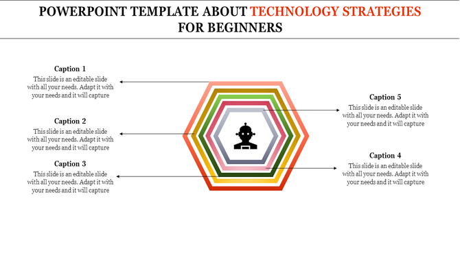 Technology themed infographic with multicolored concentric hexagons and arrows leading to five captions.