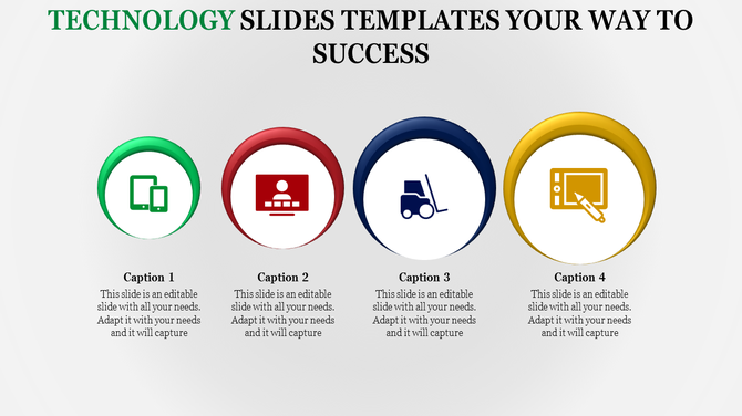Technology themed slide featuring green, red, blue, and yellow circular icons with matching descriptions underneath.