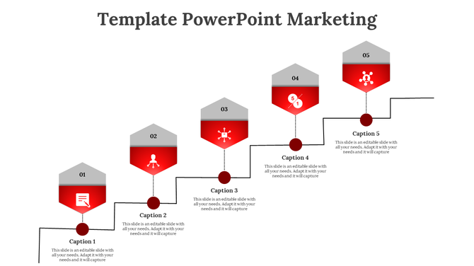 Modern marketing slide featuring a progression of five red and gray hexagons with icons and descriptive captions.