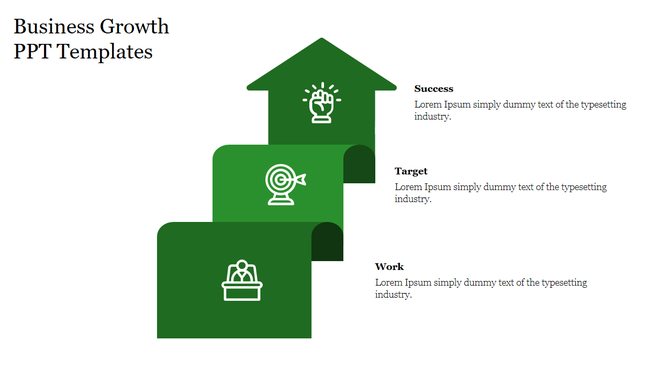 A green staircase design representing business growth, with stages labeled success, target, and work, each with an icon.