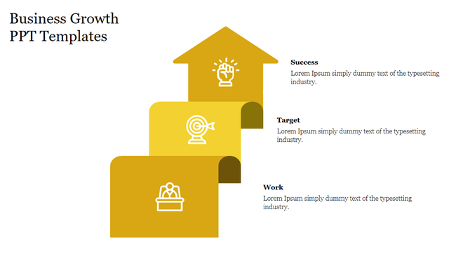 Business growth template displaying a three-step yellow staircase with icons and captions aligned to the right.