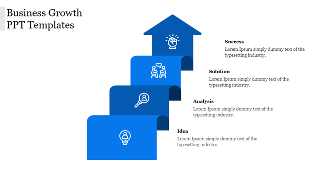 Blue gradient step diagram with icons illustrating stages from success to idea of business progression.