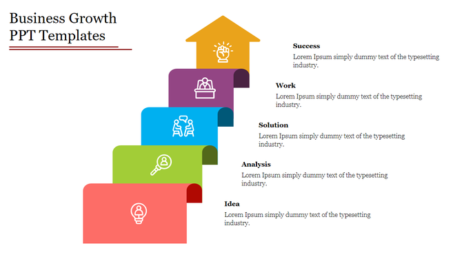 A colorful staircase slide with icons representing stages of business growth from success to idea with placeholder text.