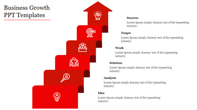 Infographic with a red upward staircase arrow layout representing six steps of business growth, featuring white icons.