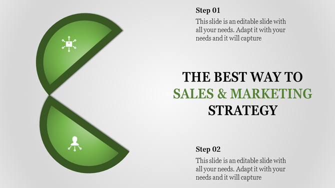 PowerPoint template featuring two green arrow shapes representing steps in a sales and marketing strategy.