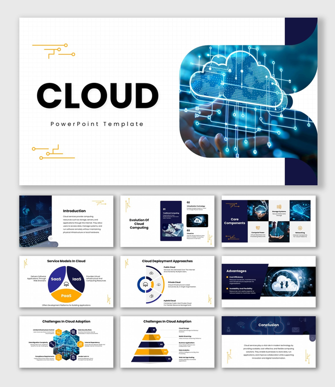 Cloud blue slides with SaaS, IaaS, and PaaS chart, cloud icon graphics, deployment diagram, and tech visuals.