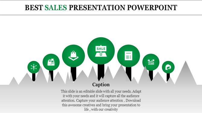 Sales illustration featuring green icons for sales, strategy, and analytics atop black spikes on a gray background.
