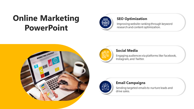 Online marketing PowerPoint slide with SEO, social media, and email campaign icons and descriptions.