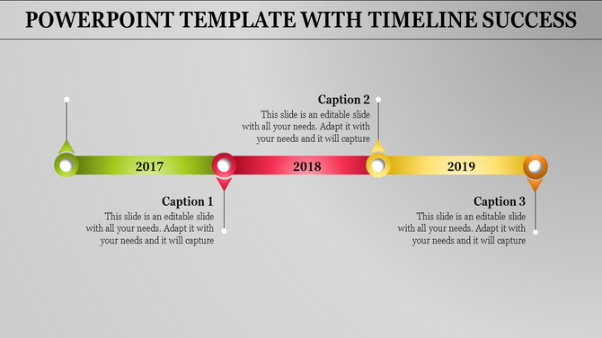 Timeline slide showing key events across 2017 to 2019, with caption areas aligned under each year.