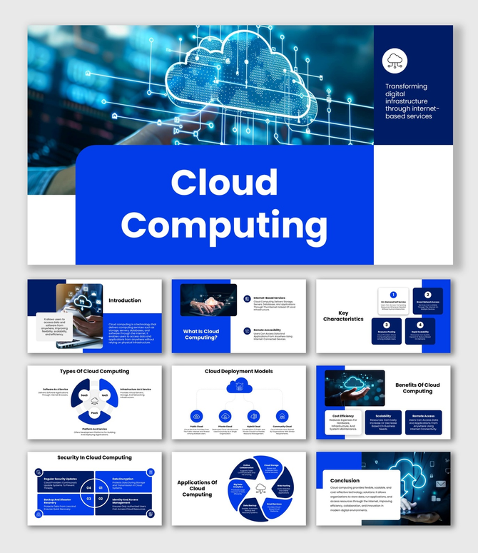 Cloud computing PowerPoint template with icons of cloud storage and a child writing in a notebook with captions.