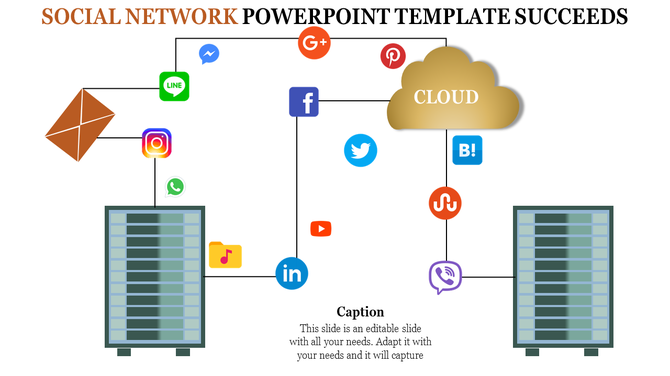 Social network template with two green server racks, cloud storage, and interconnected popular social media icons.