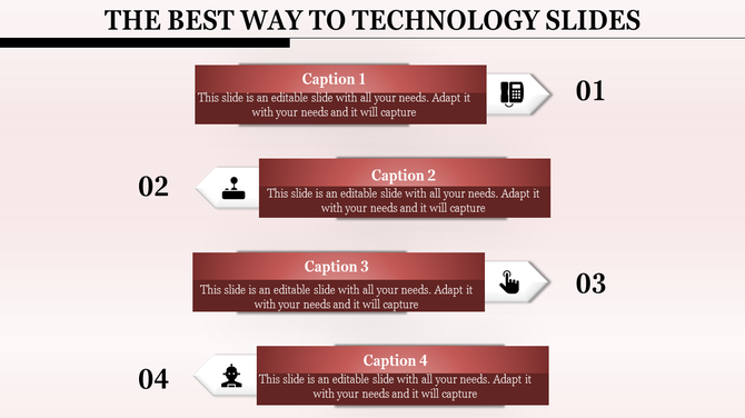 Technology slide layout with four red text boxes, numbered captions, and corresponding icons on a light pink background.