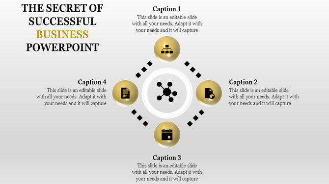 Business PPT slide with four icons representing business concepts each with numbered captions.