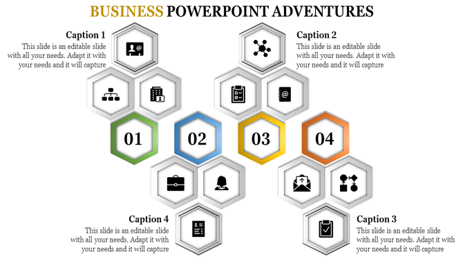 Hexagonal layout with numbers 01 to 04 in green, blue, yellow, and orange, surrounded by icons for business presentations.