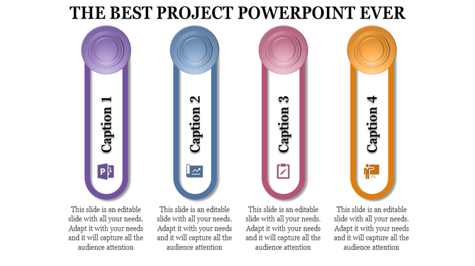 Project infographic with icons vertical capsules in bold colors displaying sequential steps linked to icons.