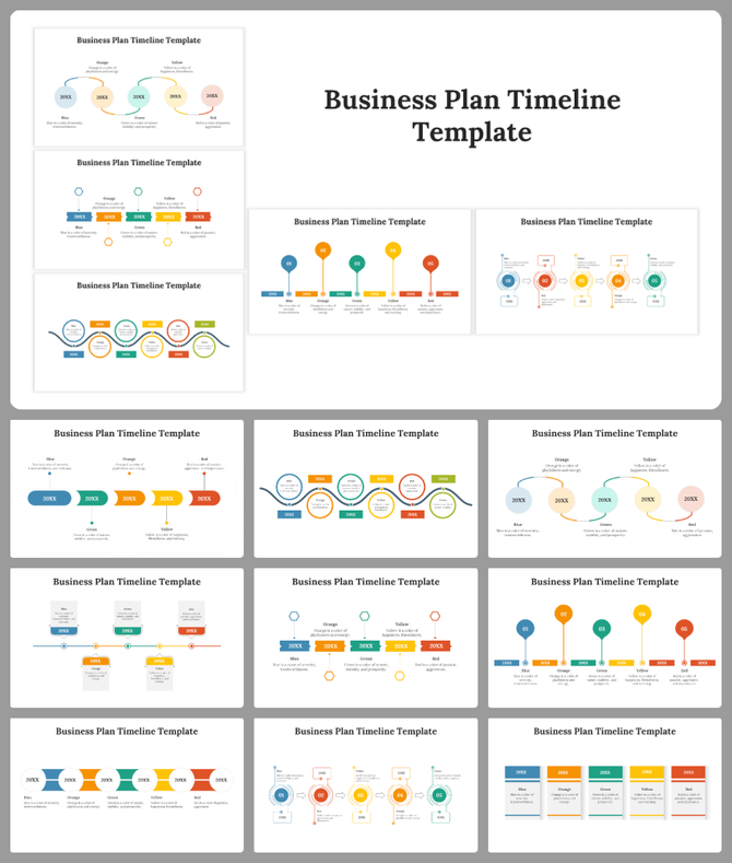 Multiple business slides displaying horizontal and vertical timelines with icons, steps, and color coded designs.
