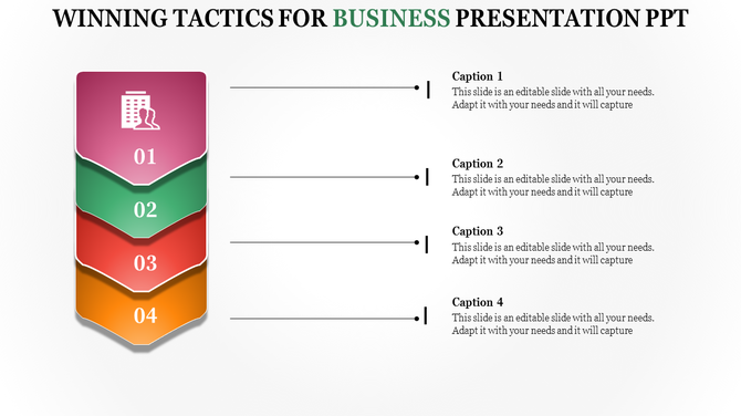 Business slide featuring a vertical layered design with four colorful numbered sections and captions on the right.