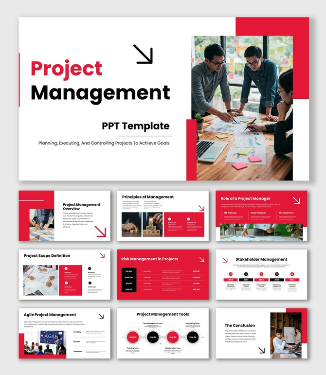 A Project Management PPT Template with red color theme, workflow icons, charts, and planning process slides.