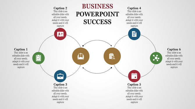 Circular business diagram with six colored icons representing tasks, teamwork, documentation, and scheduling.