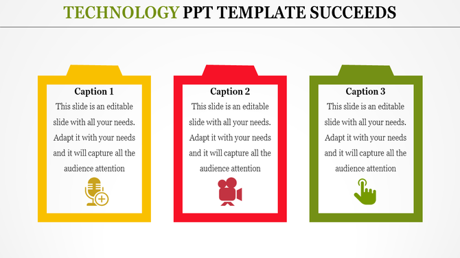 Three vertical panels in yellow, red, and green with captions, icons, and text on a white background.