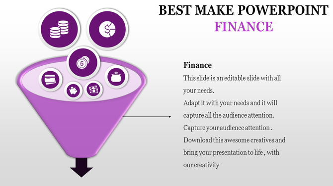Finance funnel diagram with icons depicting money, savings, and transactions in a purple theme with caption area.