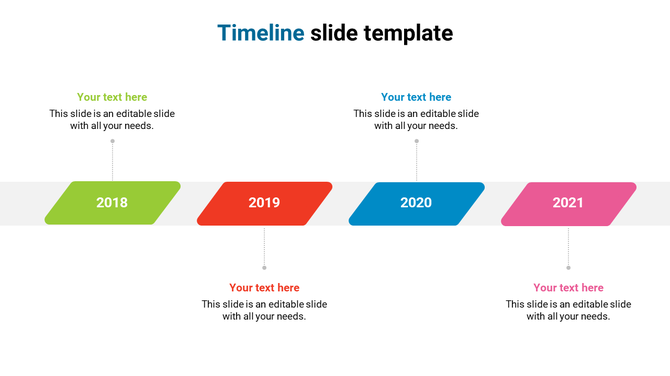 Horizontal timeline with green, red, blue, and pink segments labeled 2018 to 2021, each linked to text.
