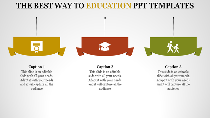 Education PPT slide with three colorful icons representing certificates, graduation hats, and students, along with captions.