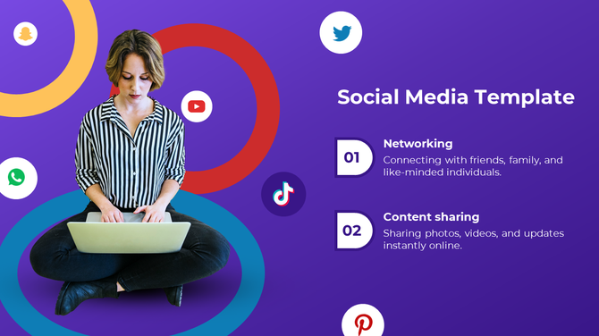 Social media slide featuring a woman using a laptop against a purple backdrop with circular patterns and icons of platforms. 