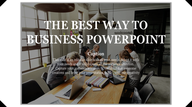 Slide with a collaborative meeting scene featuring a diverse people around a table, and a text overlay with bold typography.