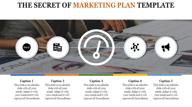 Slide showing marketing plan steps with five white circular icons on a background of desk and documents, and captions below.