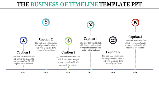 Business timeline template with dotted vertical lines linking icons and captions for milestones spanning 2014 to 2019.