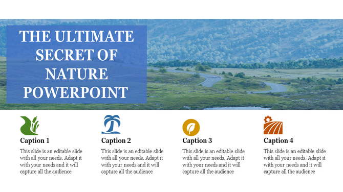 Title text on a blue overlay against a green landscape, with four colored icons at the bottom for captions.