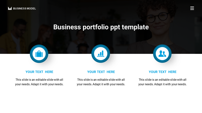 A portfolio template featuring three blue circular icons representing business concepts, each with placeholder text.