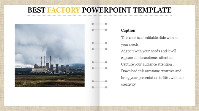 Slide featuring a factory image on the left, with text content on the right, separated by dotted lines and gray connectors.