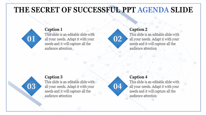 PowerPoint agenda slide with four blue numbered sections, each containing a caption with placeholder text.