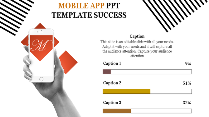 Mobile app PPT slide featuring a phone displaying an app logo, with three progress bars labeled by captions and percentages.