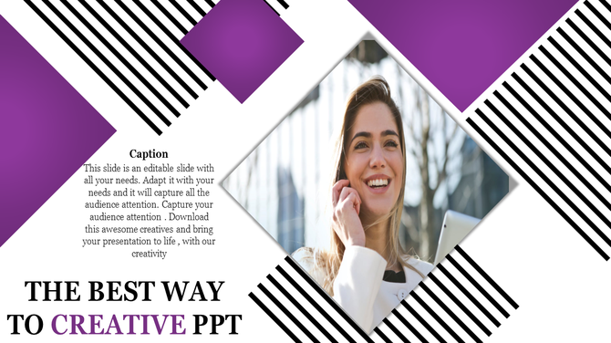 Creative slide layout with a central diamond-shaped photo surrounded by purple and black striped patterns.