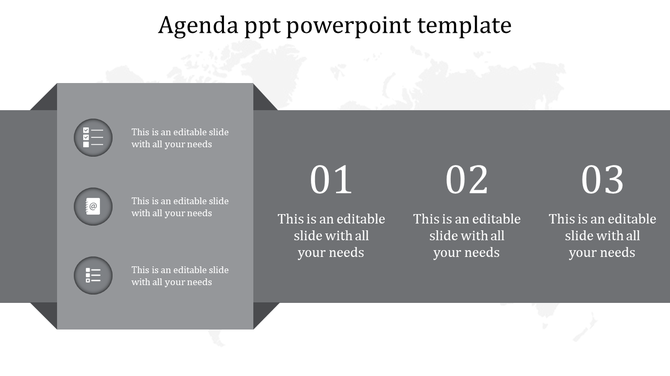 Agenda PowerPoint template with a gray layout featuring three vertical icons and numbered sections for key points.