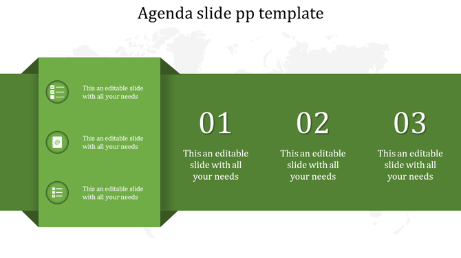 Green themed agenda slide showing vertical icon list and horizontal numbered sections for key points.