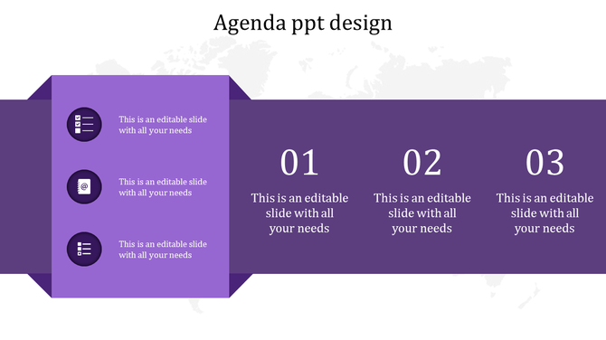 Agenda PowerPoint template with a purple layout featuring three vertical icons and numbered sections for key points.