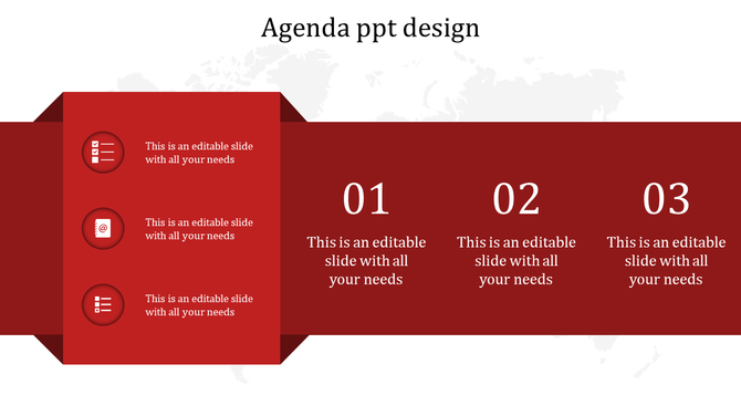 Red themed agenda slide showing vertical icon list and horizontal numbered sections for key points.